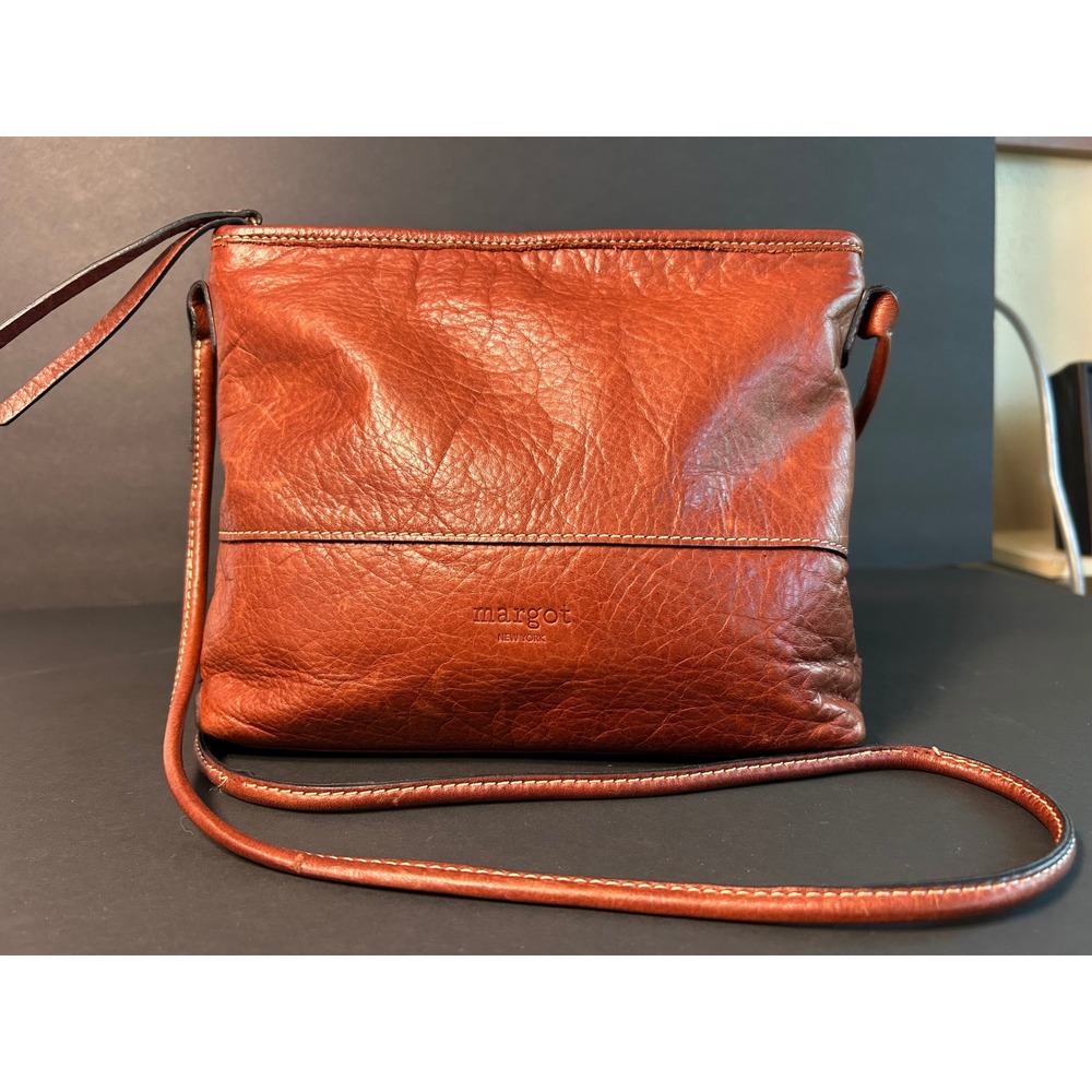 Margot New York Cognac Brown Pebbled Leather Crossbody Bag Minimalist Purse